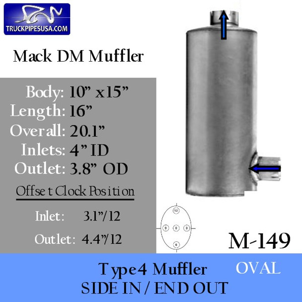Mack DM Muffler 10 x 15 Oval 4" Inlet 3.8" OD Outlet 16" long