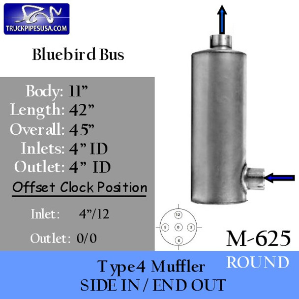 M-625 Type 4 Bluebird Bus Round Muffler 11" x 42" 4"IN-OUT