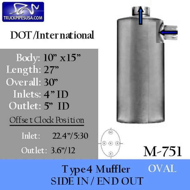 M-751 International 10" x 15" Oval Muffler 4" Inlet - 5" Outlet