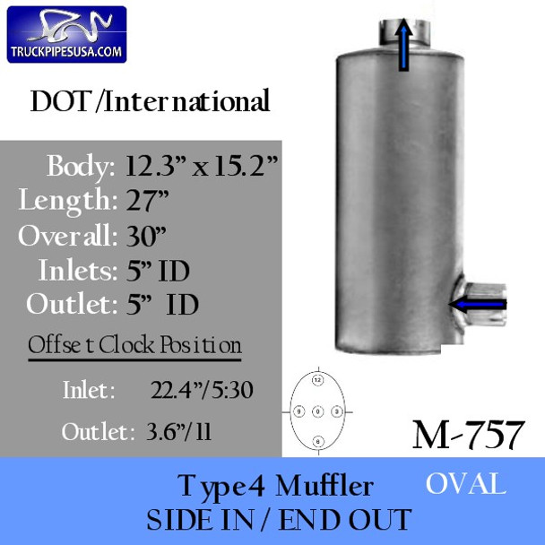 M-757 12.3" x 15.2" Oval Muffler 27" Body 5" IN-OUT