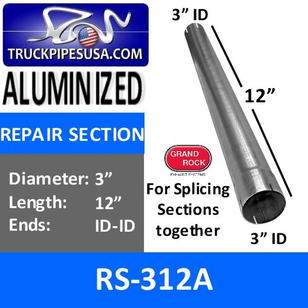 3 inch x 12 inch Aluminized Exhaust Repair Section ID-ID