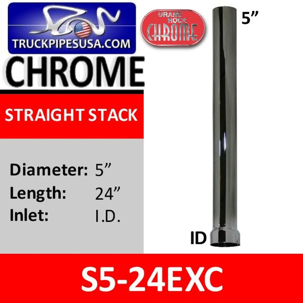 5 inch x 24 inch Straight Cut Chrome Exhaust Stack ID End