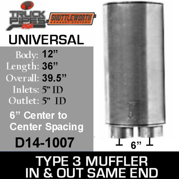 Kenworth Truck Muffler 12" Round x 36" IN-OUT 5" ID Type 3 D14-1007