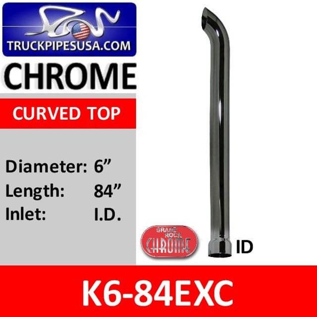 6" x 84" Curved Chrome Exhaust Stack with ID Bottom K6-84EXC