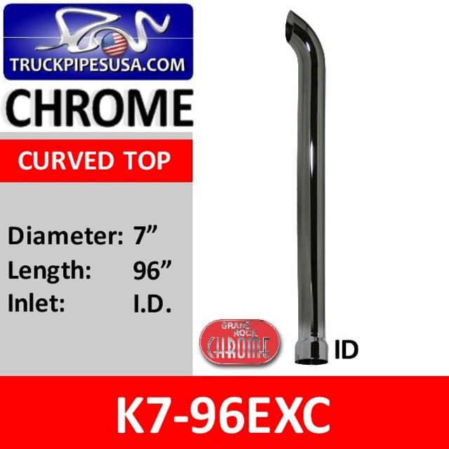 7" x 96" Curved Top ID Chrome Exhaust Stack K7-96EXC