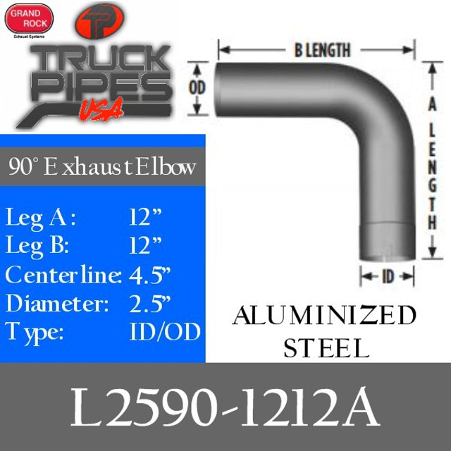 L2590-1212A 2.5" 90 Degree Exhaust Elbow 12" x 12" ID-OD Aluminized