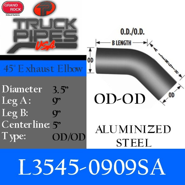 3.5" 45 Degree Exhaust Elbow 9" x 9" OD-OD Aluminized L3545-0909SA