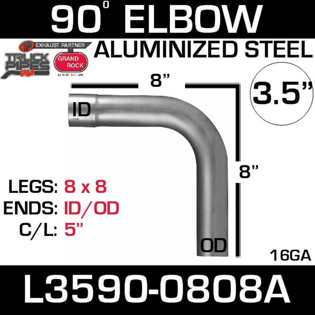 L3590-0808A 3.5" 90 Degree Exhaust Elbow 8" x 8" ID-OD Aluminized
