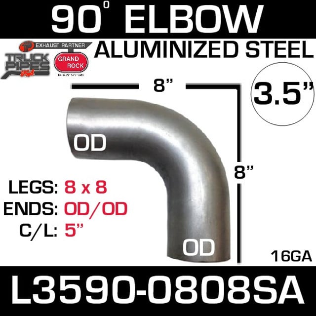 3.5" 90 Degree Exhaust Elbow 8" x 8" OD-OD Aluminized L3590-0808SA