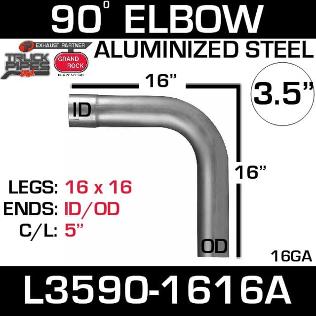 3.5" 90 Degree Exhaust Elbow 16" x 16" ID-OD Aluminized L3590-1616A