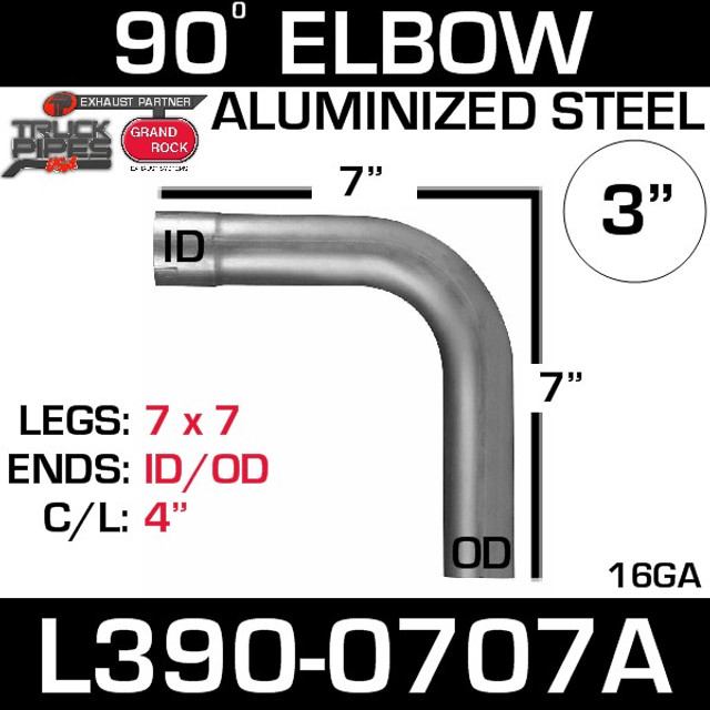 3" 90 Degree Exhaust Elbow 7" x 7" ID-OD Aluminized L390-0707A