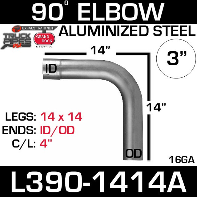 3" 90 Degree Exhaust Elbow 14" x 14" ID-OD Aluminized L390-1414A