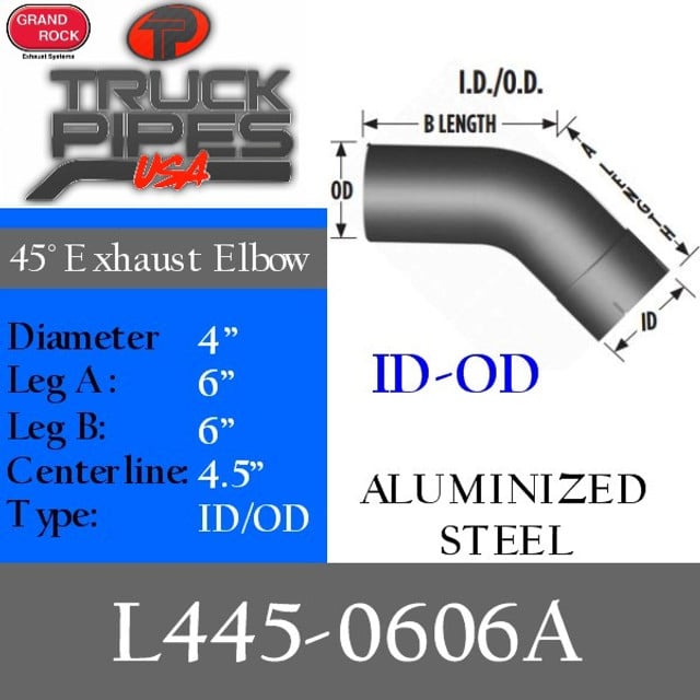 4" Exhaust Elbow 45 Degree 6" x 6" Aluminized ID-OD L445-0606A