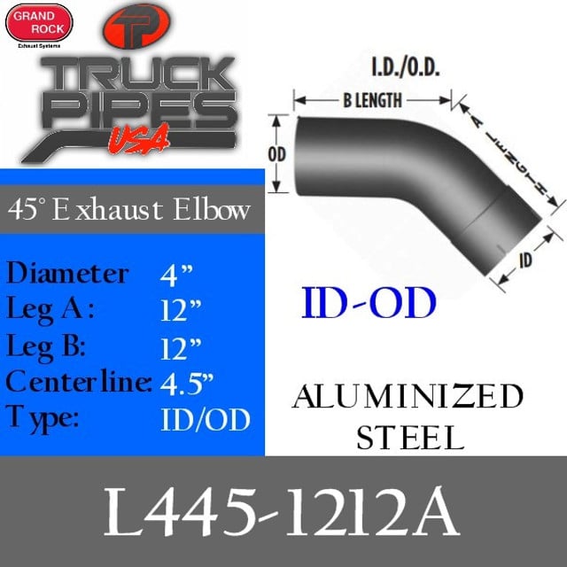 4" Exhaust Elbow 45 Degree 12" x 12" ID-OD Aluminized L445-1212A