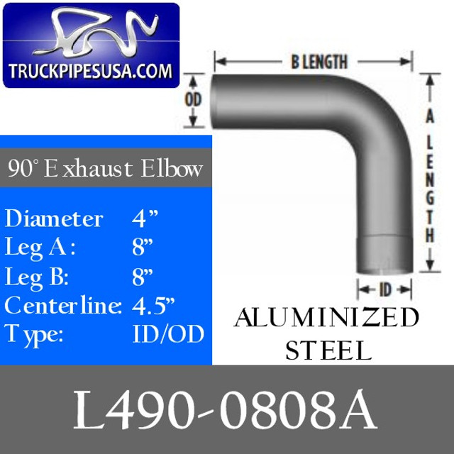 4" Exhaust Elbow 90 Degree 8" x 8" OD-ID Aluminized L490-0808A