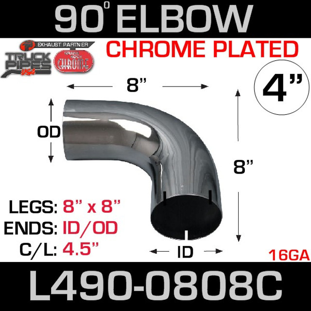 4" Chrome Exhaust Elbow 90 Degree 8" x 8" OD-ID L490-0808C