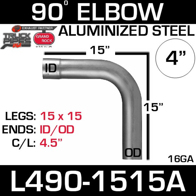 4" Exhaust Elbow 90 Degree 15" x 15" ID-OD Aluminized L490-1515A