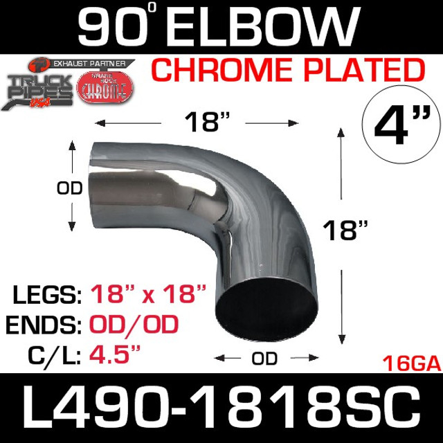 4" Chrome Exhaust Elbow 90 Degree 18" x 18" OD-OD L490-1818SC