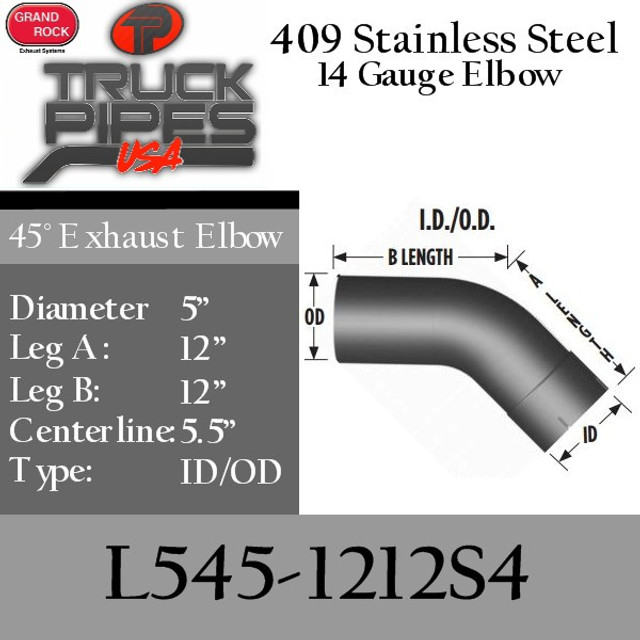 5" 45 Degree Exhaust Elbow 12" x 12" ID-OD 409 Stainless Steel L545-1212S4