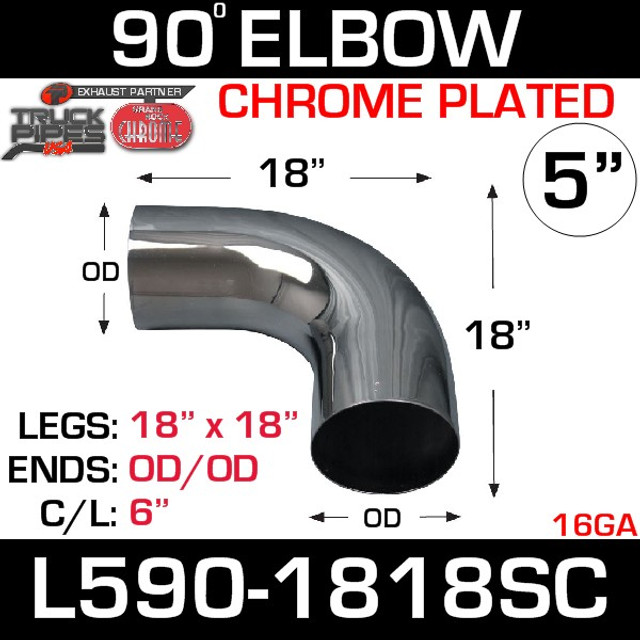 5" 90 Degree Exhaust Elbow 18" x 18" OD-OD Chrome L590-1818SC