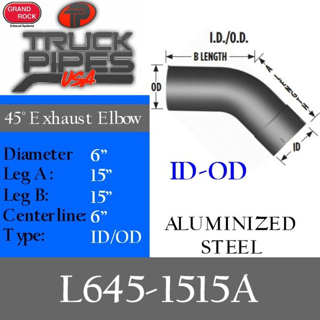 6" 45 Degree Exhaust Elbow 15" x 15" ID-OD Aluminized L645-1515A