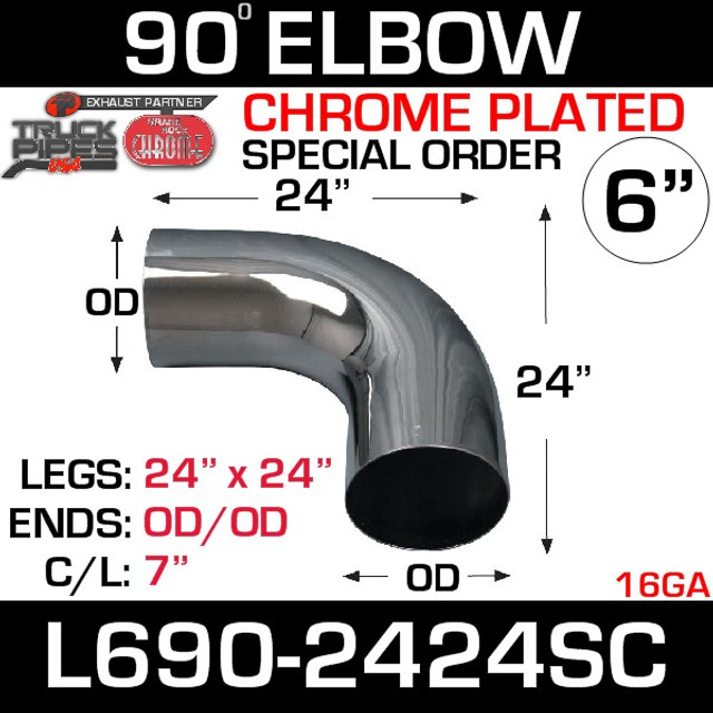 6" 90 Degree Exhaust Elbow 24" x 24" OD-OD Chrome SPECIAL ORDER