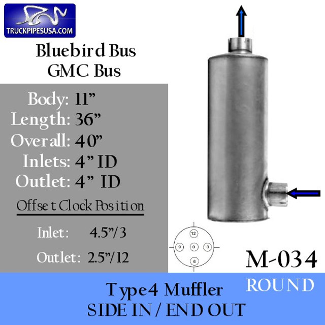 M-034 Type 4 Muffler Bluebird-GMC Bus 4 IN-OUT 11" Round 36" long