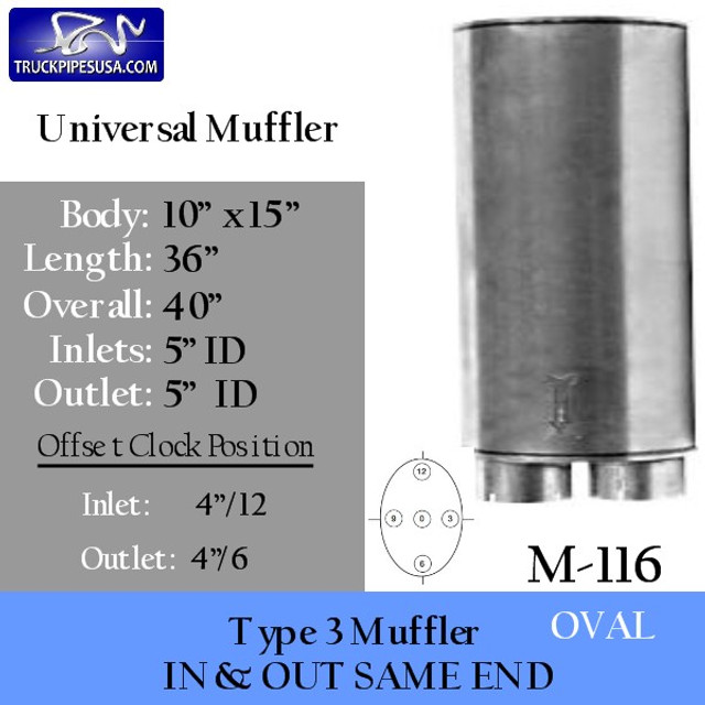 M-116 Type 3 Oval Muffler 10" x 15" x 36" Long 5" IN-OUT