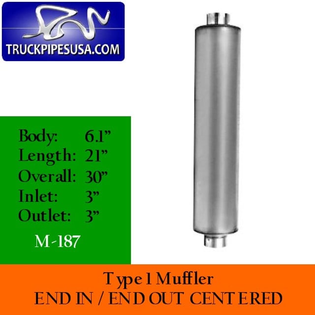 M-187 Type 1 Muffler 3" Inlet-Outlet 6.1" x 21" Body - 30" Overall
