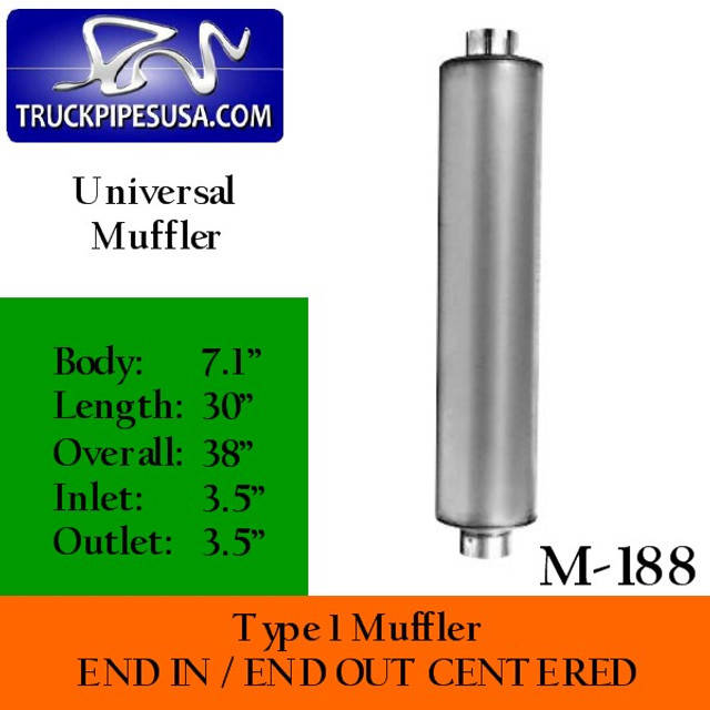 M-188 Type 1 Muffler 7.1" x 30" Body 3.5" Inlet/Outlet 38" Overall