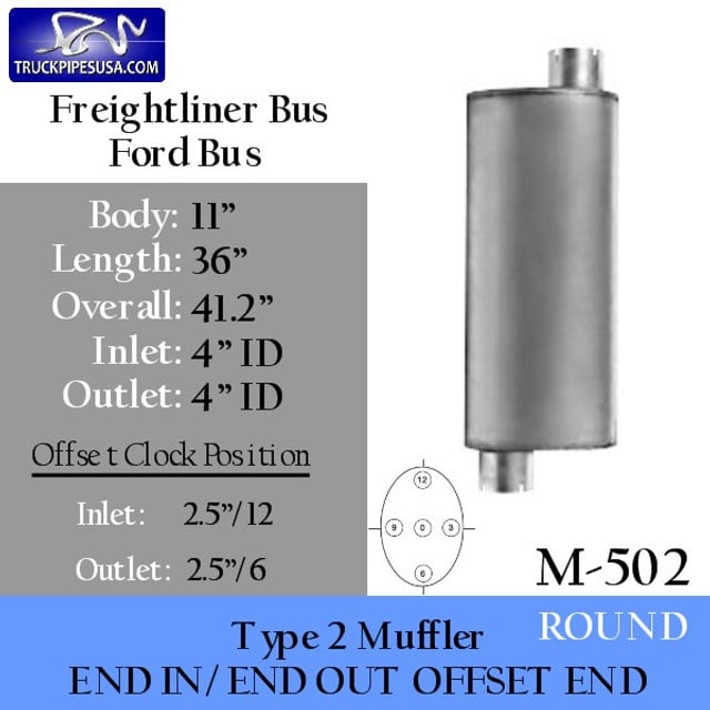 M-502 Type 2 Muffler for Ford 11" Round x 36" long 4" In-Out