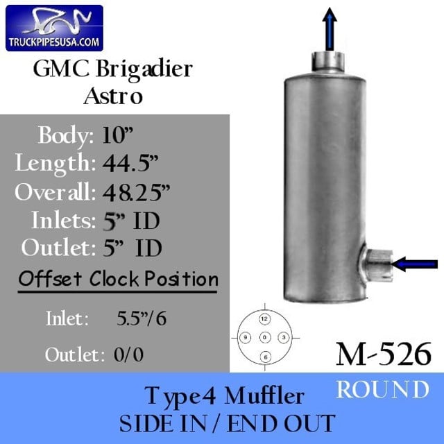 M-526 10" Round Muffler for GMC Brigadier and Astro 5" IN-OUT