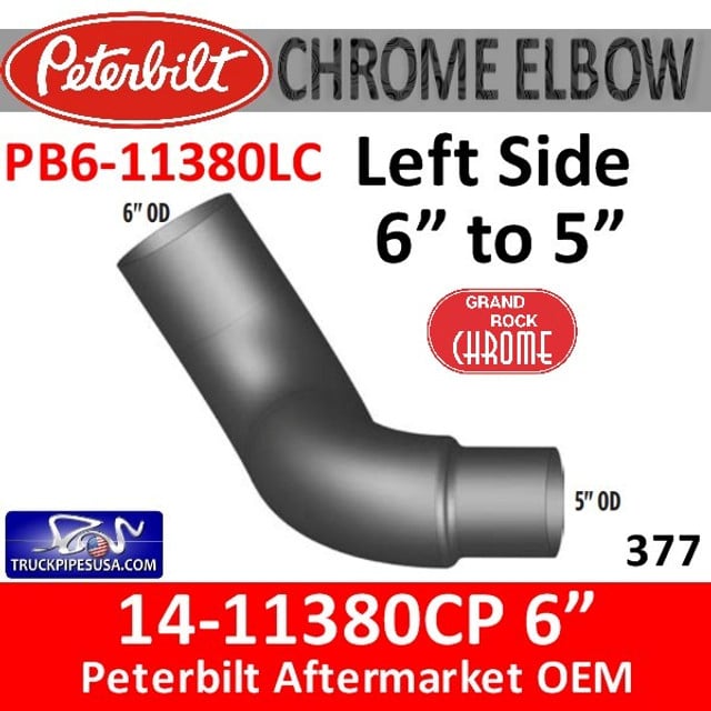 14-11380CP 6" to 5" Left Side Peterbilt 377 Chrome Elbow PB6-11380