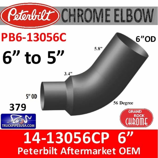 14-13056 6" OD to 5" OD Peterbilt 379 Chrome Elbow PB6-13056C