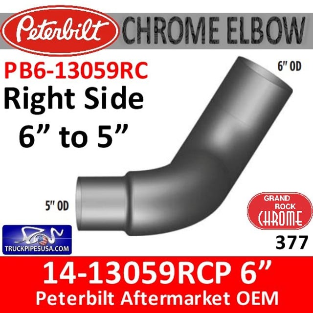 14-13059RCP Peterbilt 377 6" to 5" Right Chrome Elbow PB6-13059RC
