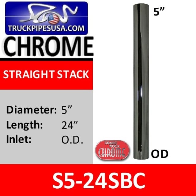 S5-24SBC 5 inch x 24 inch Straight Cut Chrome Exhaust Stack OD Ends