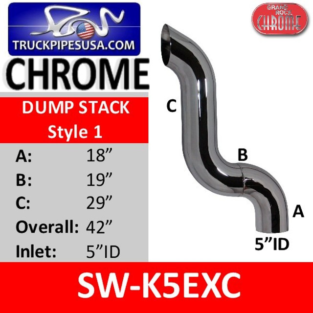 5" ID Chrome Dump Stack Pipe A-18 B-19 C-29 OVERALL 42"