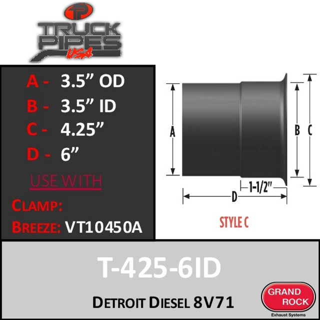 4.5" Turbo Flare Lip for 8V71 Detroit Diesel x 6" Long T425-6ID