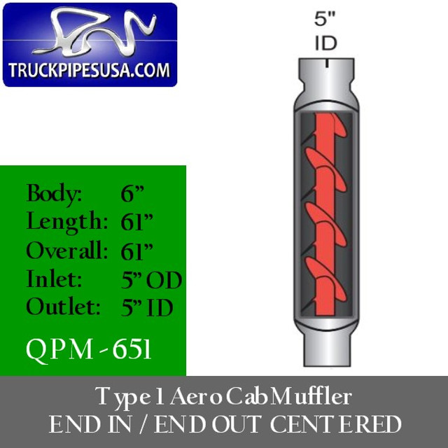 QPM-561 Aero Cab Muffler Type 1 6" x 61" with 5" ID Outlet and 5" OD Inlet