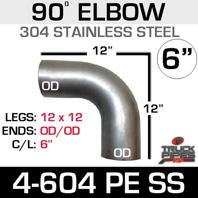 6" 90 Degree Elbow 12.5" x 12.5" OD-OD 304 Stainless Steel 4-604PE SS