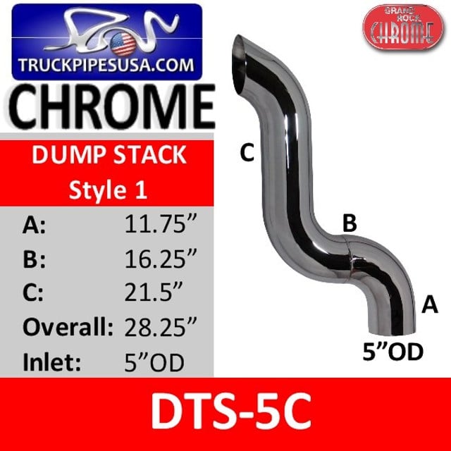 5" OD Chrome 3-Bend Dump Truck Pipe A-11.75 B-16.25 C-21.5