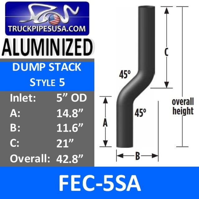 5" OD Aluminized Dump Truck Exhaust Stack 45 Degree FEC-5SA
