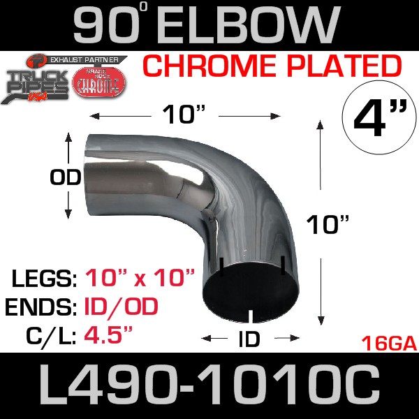 4" Chrome Exhaust Elbow 90 Degree 10" x 10" ID-OD L490-1010C