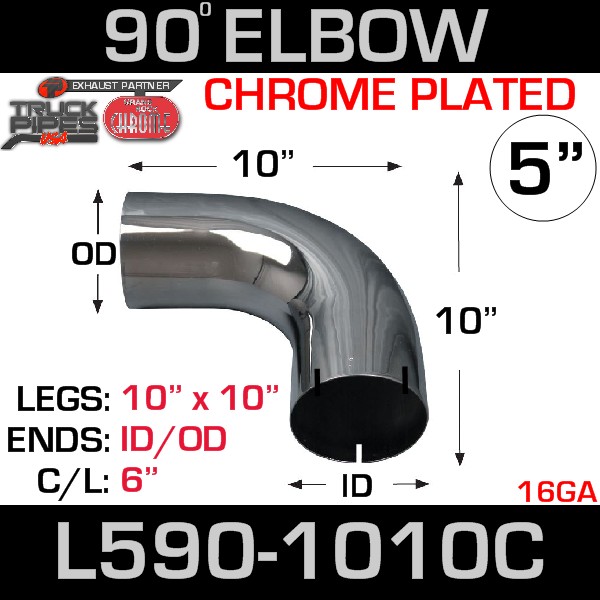 5" 90 Degree Exhaust Elbow 10" x 10" ID-OD Chrome L590-1010C