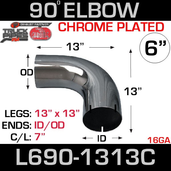 6" 90 Degree Exhaust Elbow 13" x 13" ID-OD Chrome L690-1313C