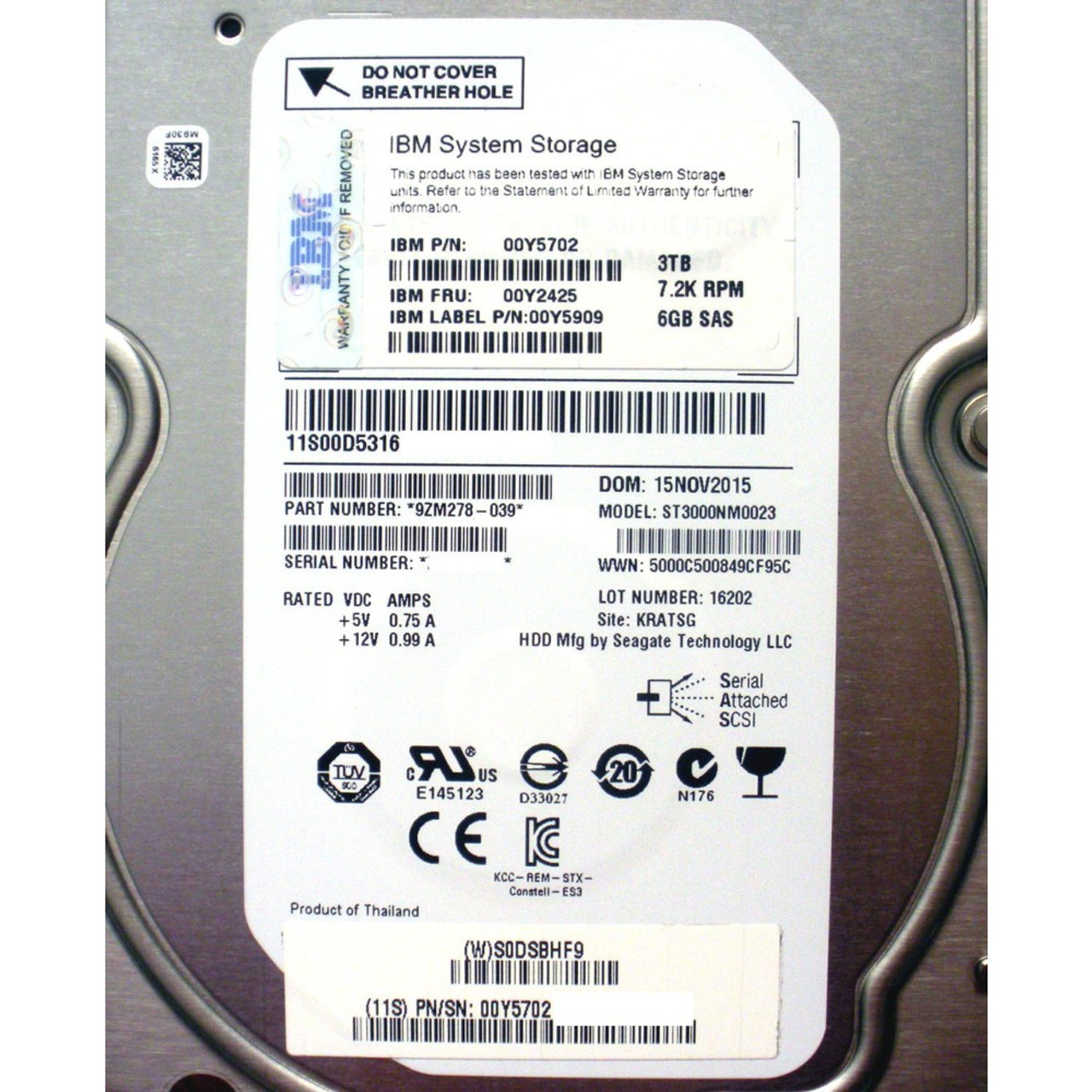 IBM 00Y2425 3TB 72K 3.5in NL SAS-6GBPS Hot Swap Hard Drive