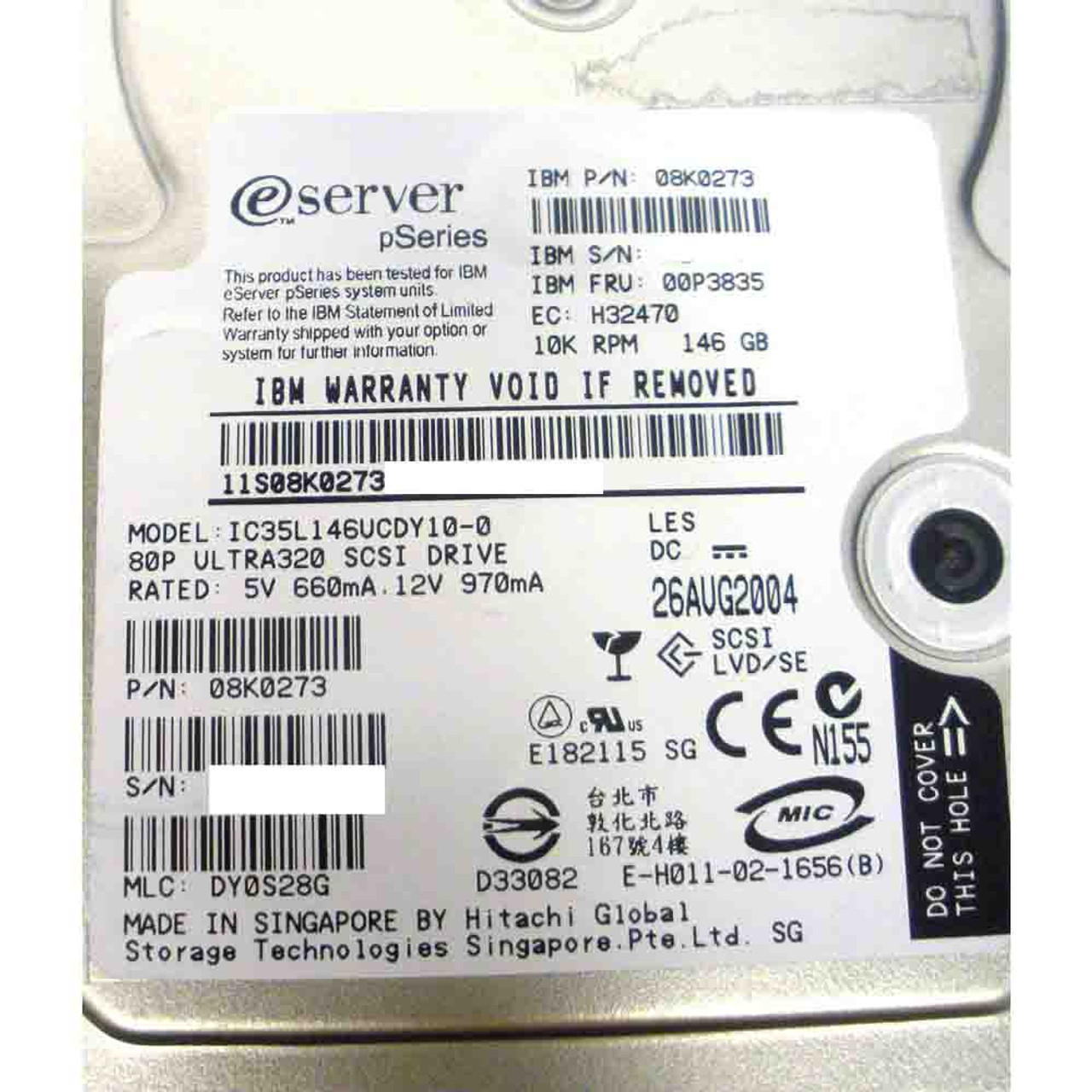 IBM 08K0273 Hard Drive | 146GB 10K U320 SCSI 3.5in | IBM