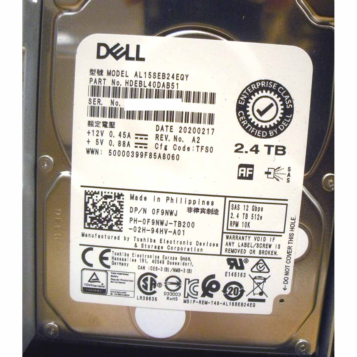 Dell 2.4TB 10K 12Gbps SAS 2.5 Hard Drive – F9NWJ AL15SEB24EQY For PowerEdge Servers