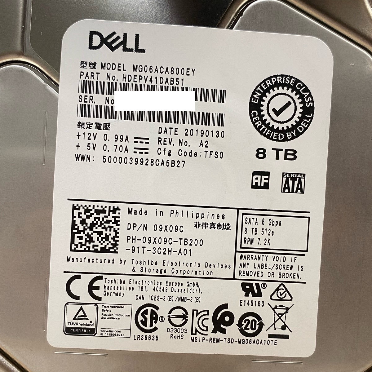 Dell 9X09C Hard Drive Disk (HDD) 8TB 7.2K SATA 3.5