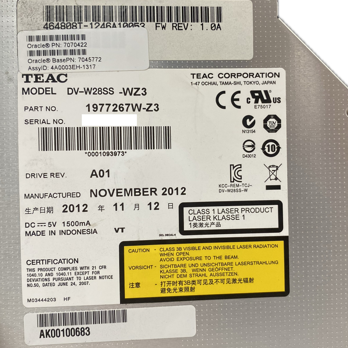 Sun 7070422 Slot-Load Sata DVD-Write T5-2